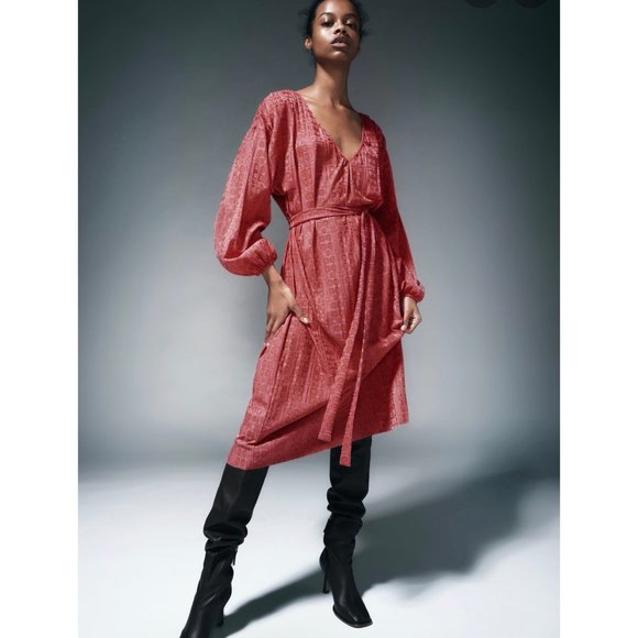 Zara Jacquard V-Neck Midi Dress M NWT - Picture 5 of 10